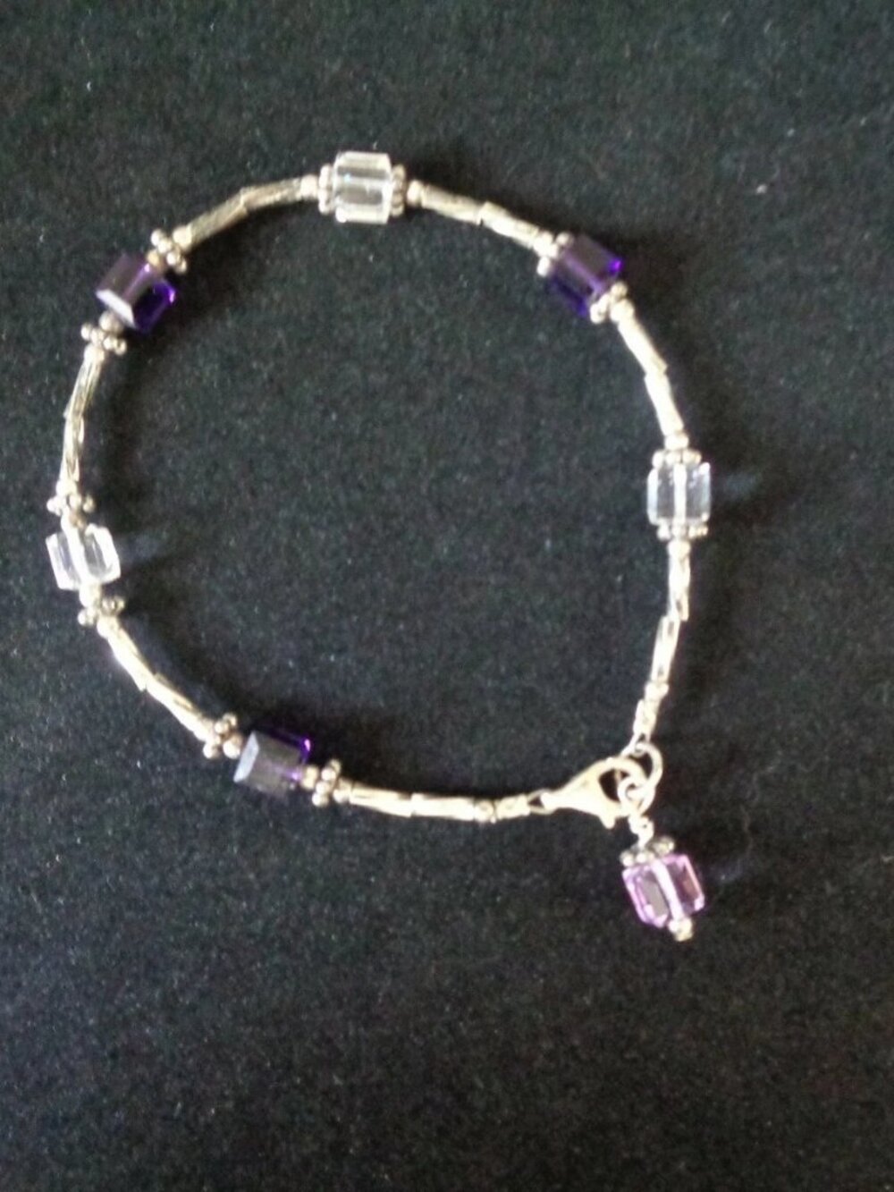 BRACELET Purple & Clear SQUARE Stones & STERLING SILVER Spacers